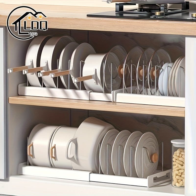 [1pc Adjustable Pot Organizer Rack] 1pc Expandable Stainless Steel Pot Organizer Rack with Adjustable Dividers, Uncharged Multi-Purpose Kitchen Cabinet Cookware Storage Solution for Pots and Pans Organization