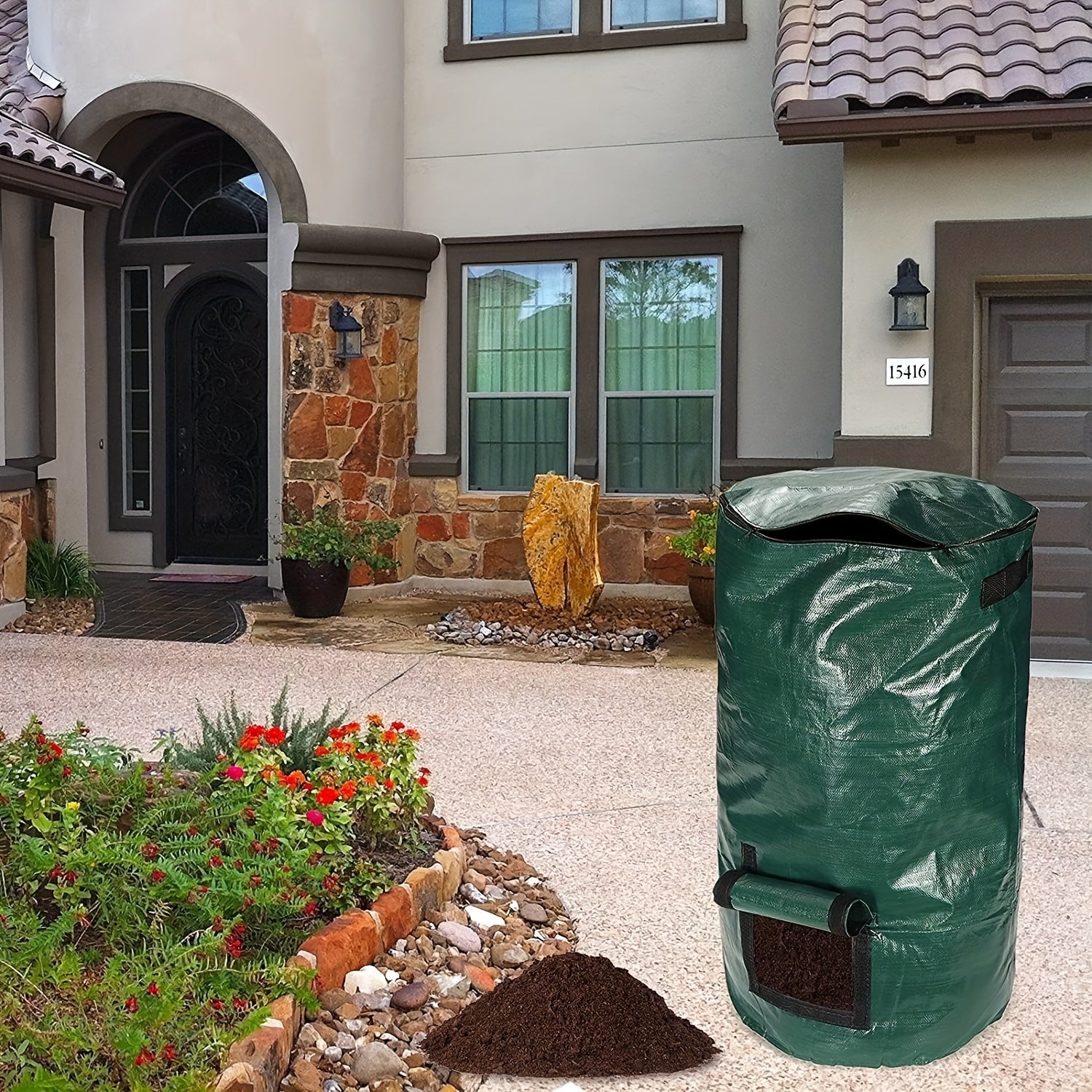 1 Bag Outdoor Compost Box, Reusable Garbage Bag, Self-Made Nutrient Soil Compost Bag, Kitchen Waste Collection Bag, Two-Way Zipper With Fertilizer Port, 34 Gallons