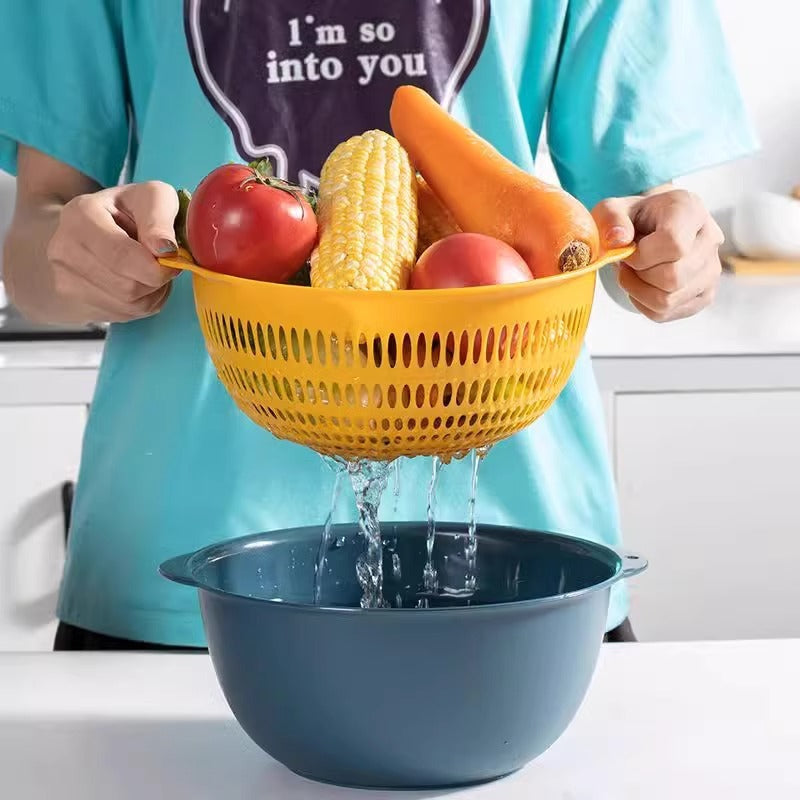 Double-layer Vegetable Washing Basin Draining Basket Six-piece Set Kitchen Living Room Household Washing Fruit Plate Simple Plastic Rice Washing Vegetable Basket