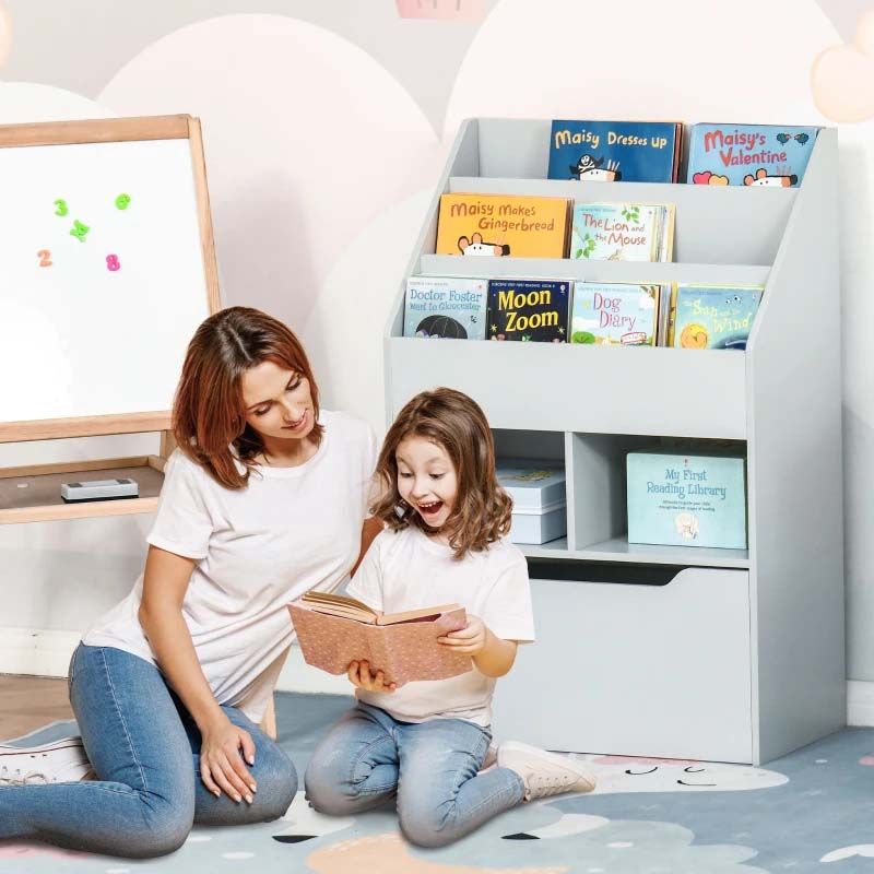 Grey Wooden Kids Bookshelf with Drawer – Modern Children’s Book Storage Unit for Bedroom or Playroom