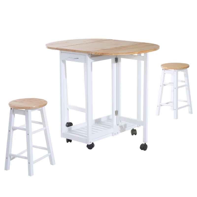 3 Piece Wooden Folding Dining Table Set with 2 Stools – 1020mm White & Pine | Space-Saving Compact Dining Furniture UK