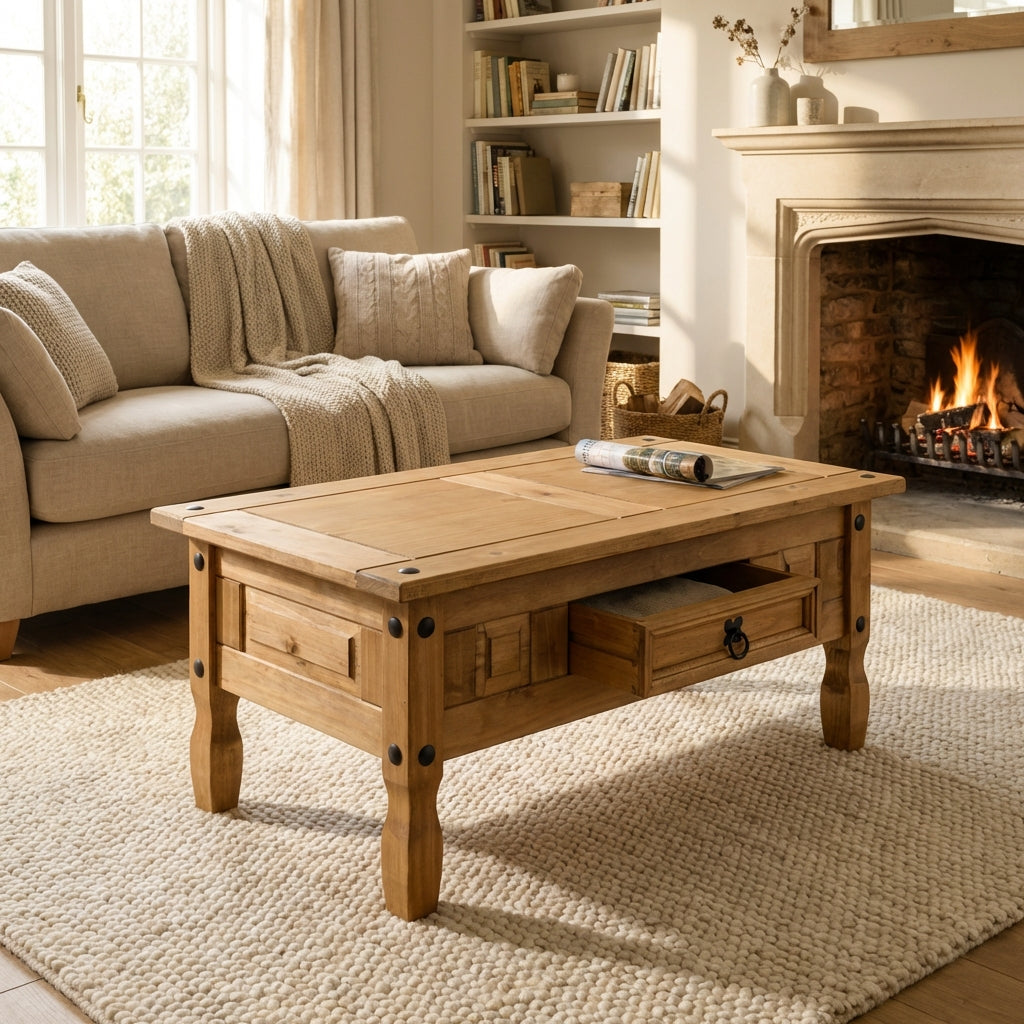 Corona 1 Drawer Coffee Table – Distressed Waxed Pine