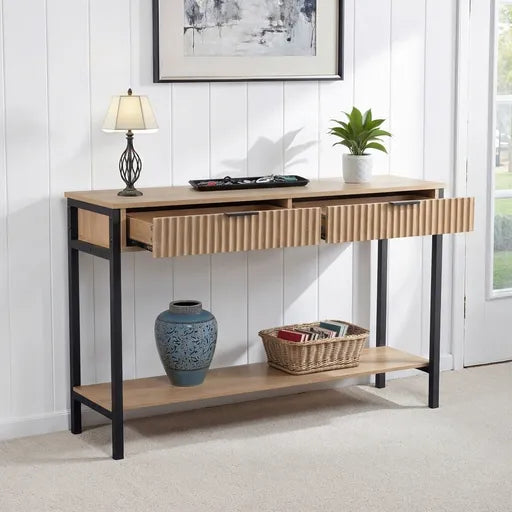 Miami 2 Drawer Console Table – Oak Effect & Black Hallway Console Table with Storage