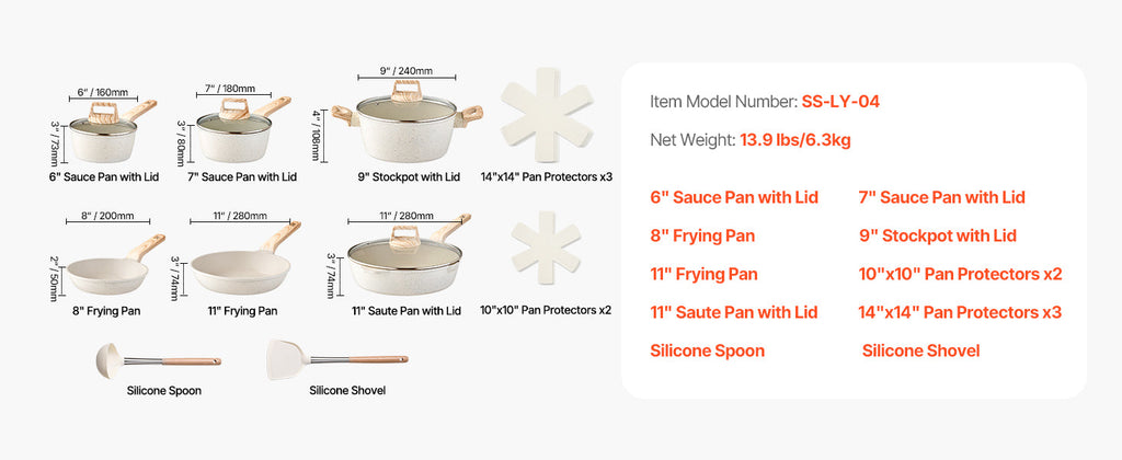 VEVOR 17 Piece Pots and Pans Set Granite Nonstick Cookware Set Induction Cookwares Kitchen RV Cooking Sets with Pan Protectors