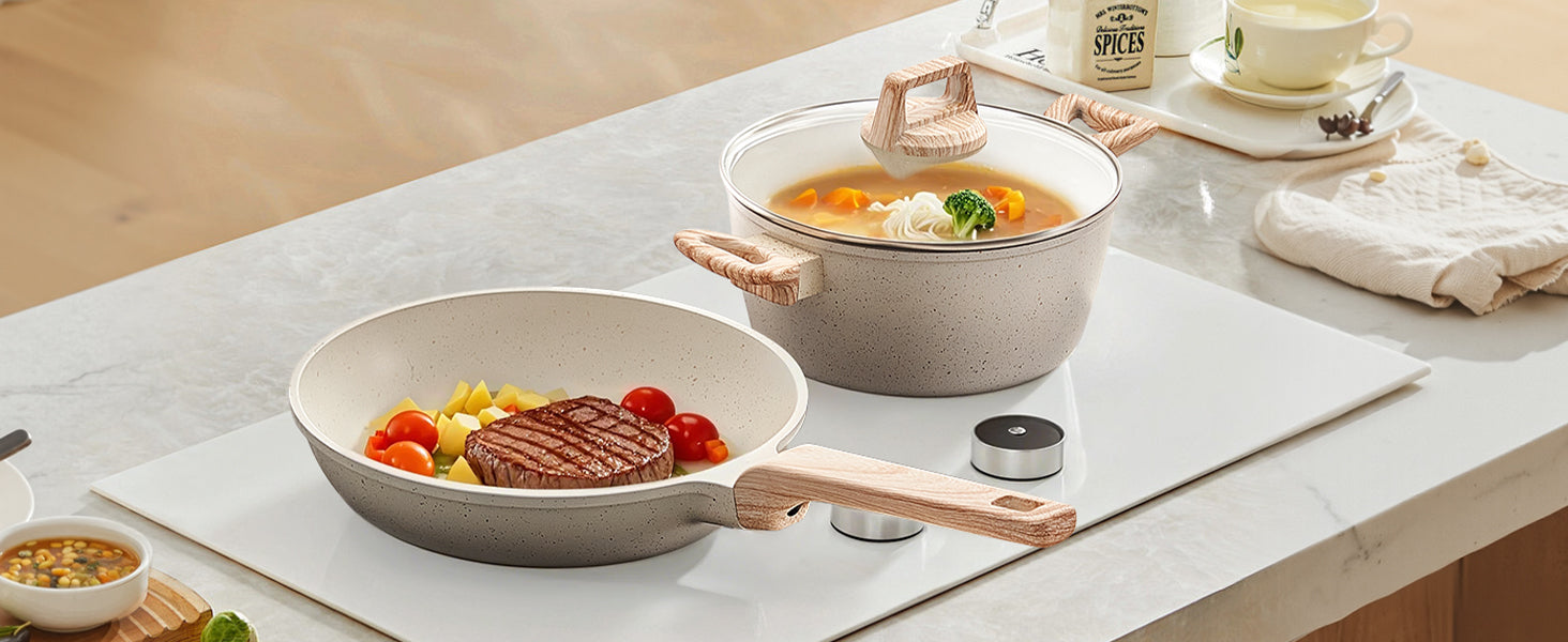 VEVOR 17 Piece Pots and Pans Set Granite Nonstick Cookware Set Induction Cookwares Kitchen RV Cooking Sets with Pan Protectors