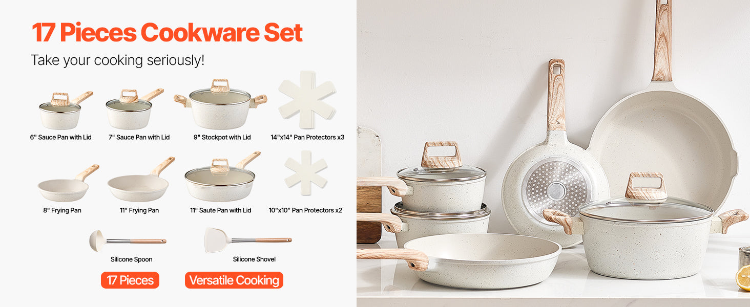VEVOR 17 Piece Pots and Pans Set Granite Nonstick Cookware Set Induction Cookwares Kitchen RV Cooking Sets with Pan Protectors