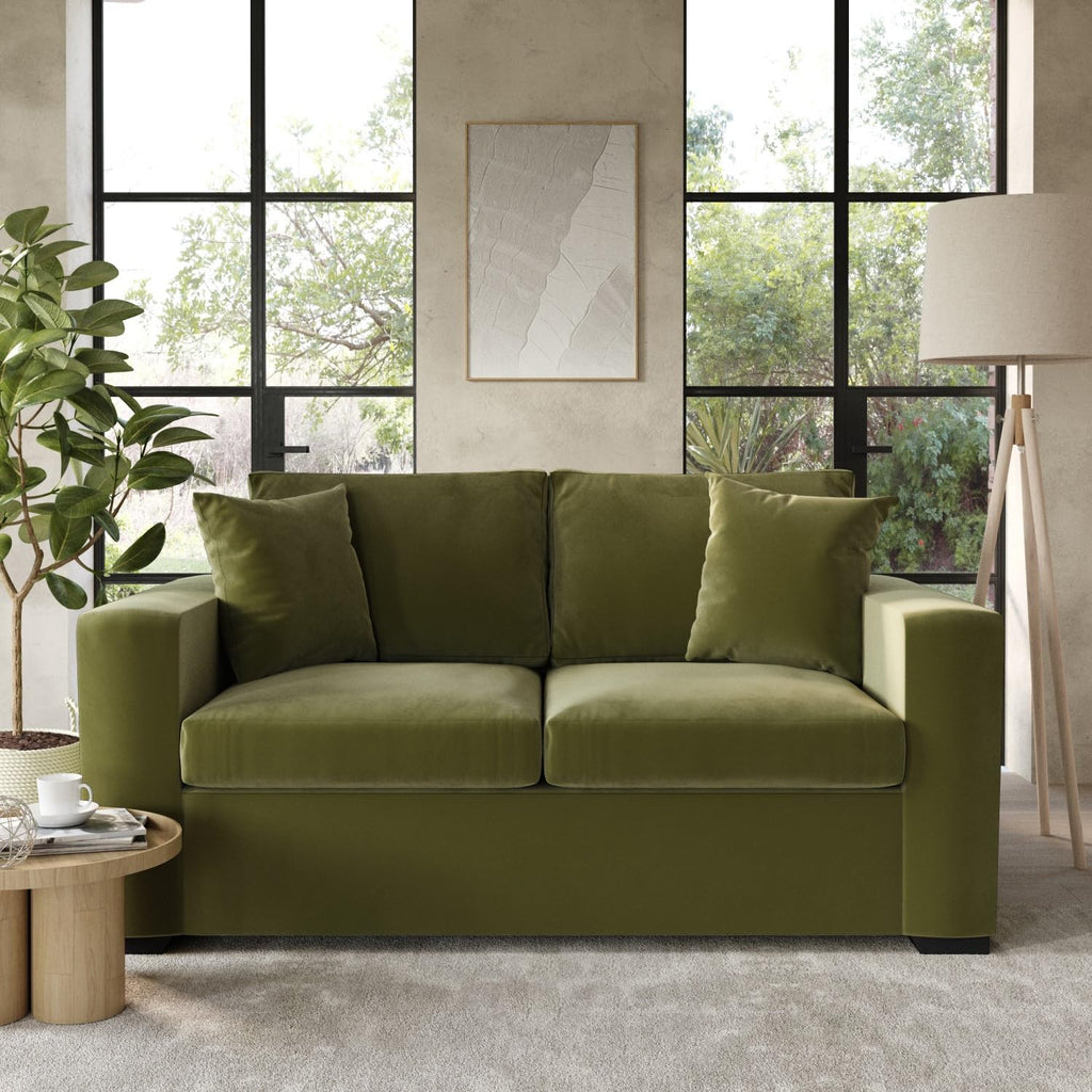 2 Seater Velvet Sofa Bed – Pull-Out Double Sleeper with Cushions & Soft Upholstery – Compact No Assembly Couch for Guest Room or Lounge – Olive, Mint Green or Blush Pink