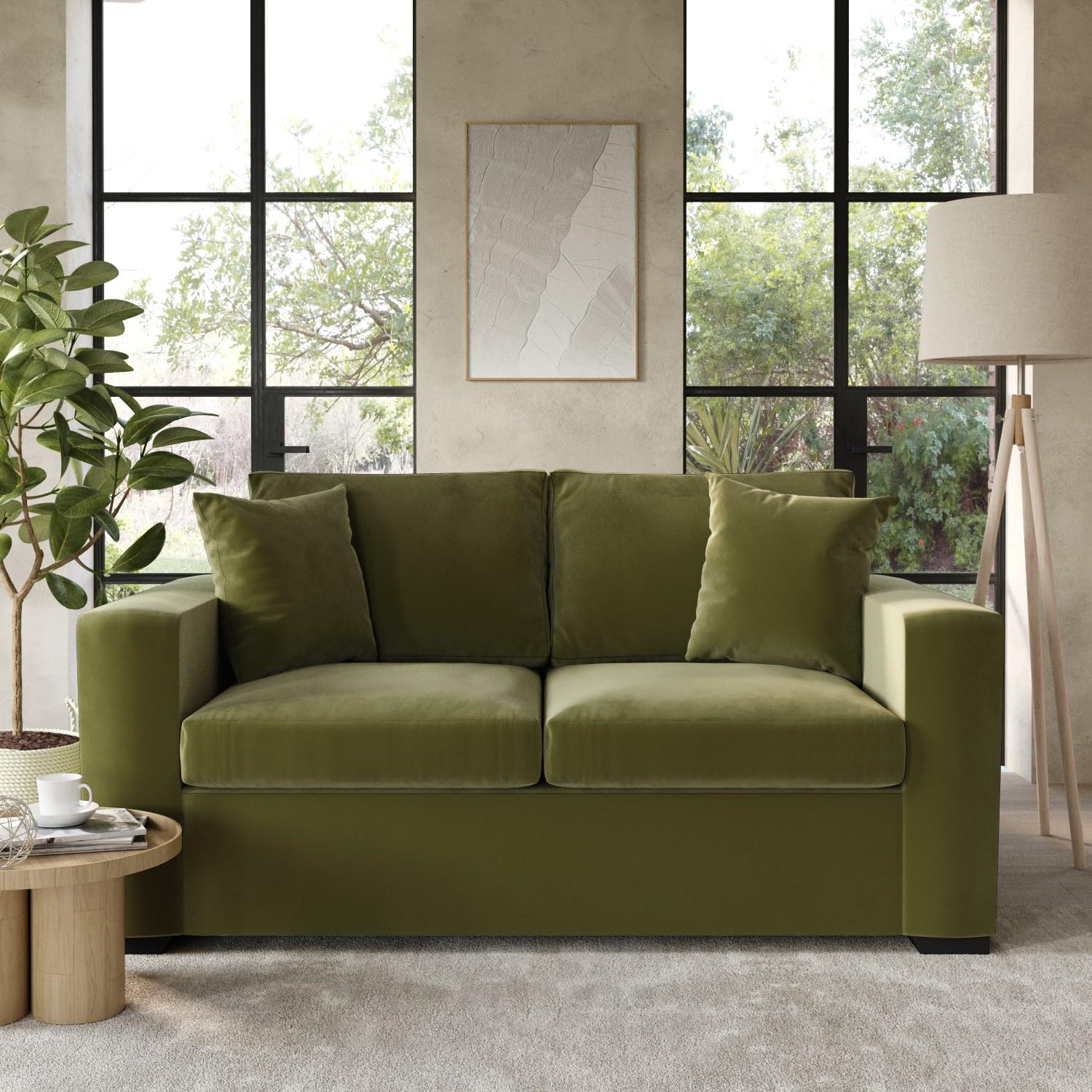 2 Seater Velvet Sofa Bed – Pull-Out Double Sleeper with Cushions & Soft Upholstery – Compact No Assembly Couch for Guest Room or Lounge – Olive, Mint Green or Blush Pink