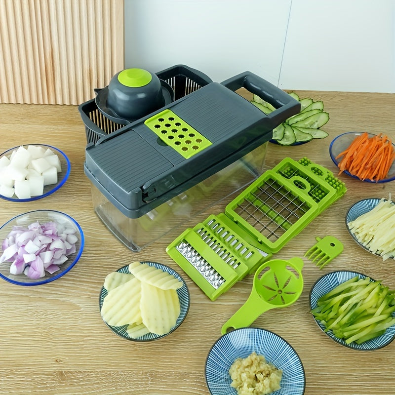 14-Piece Stainless Steel Vegetable Chopper Set - Multifunctional Fruit and Food Slicer, Grater, Cutter with Container, Interchangeable Blades, and Onion Mincer - Manual Operation, Easy to Use, Space-Saving, and Durable Kitche