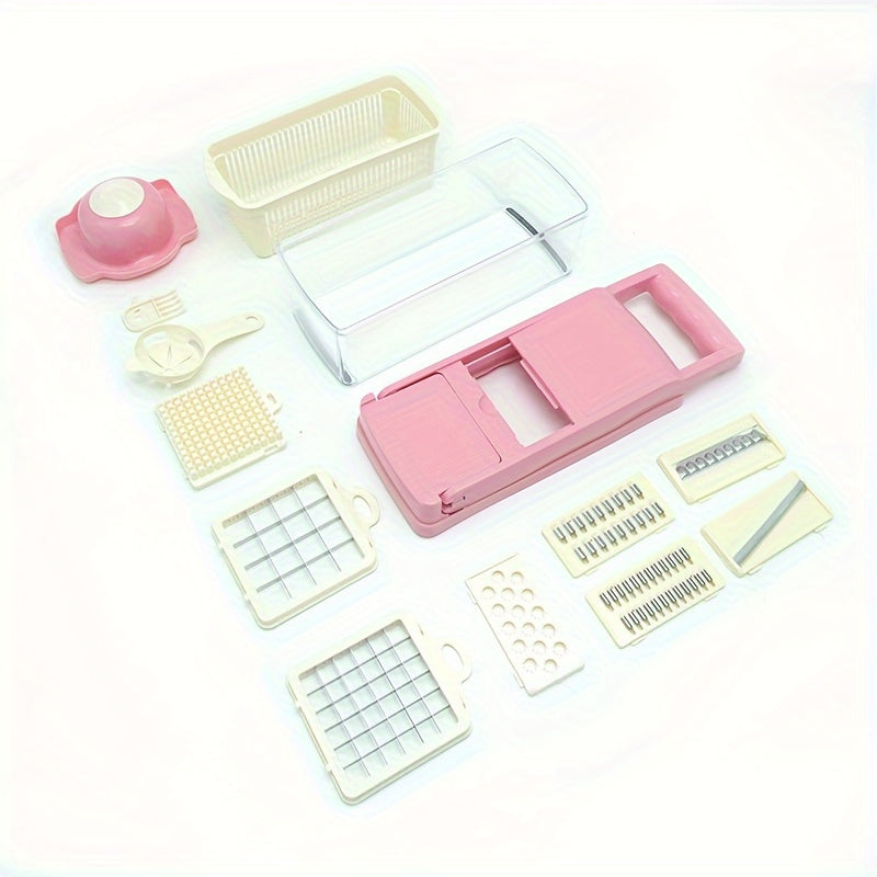 14-Piece Stainless Steel Vegetable Chopper Set - Multifunctional Fruit and Food Slicer, Grater, Cutter with Container, Interchangeable Blades, and Onion Mincer - Manual Operation, Easy to Use, Space-Saving, and Durable Kitche