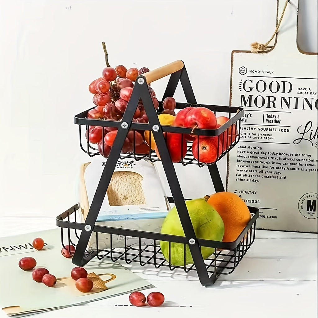 [2/3 Tier Metal Basket] 2/3 Tier High-Capacity Metal Fruit Basket | Portable Countertop Organizer for Fruits, Vegetables, Bread & Snacks | Detachable Rectangle Design for Kitchen Storage