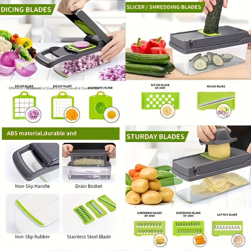 Vegetable Onion Chopper, Kitchen 16 In 1 Food Chopper 8 Blades Cutter With Container - Stainless Steel Blades - Efficiently Chops Vegetables, Onions, Herbs - Suitable for Home Cooks & Chefs - Great Gift for Kitchen Enthusiast