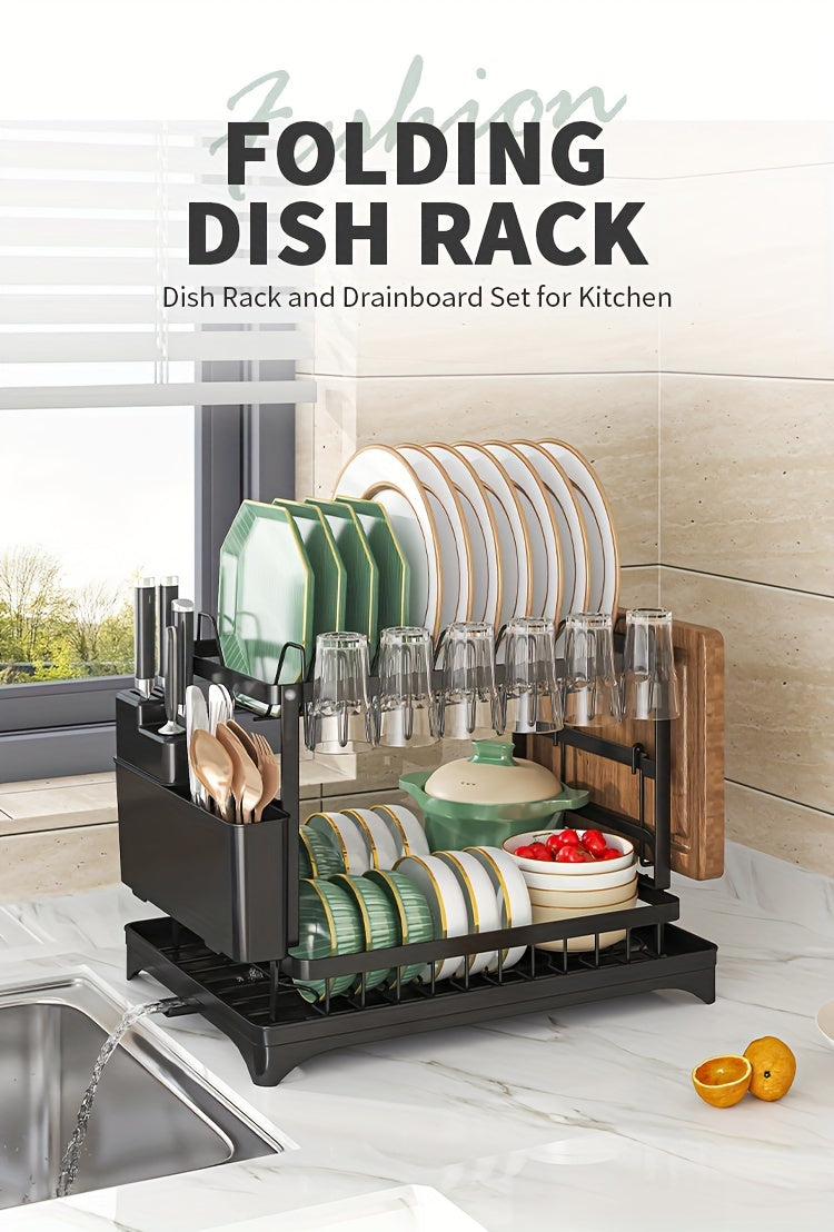 1pc Dish Rack, Double Layers Space-saving Dish Drying Rack With Drainboard And Utensil Holders, Multifunctional Large Capacity Dish Storage Organizer, For Kitchen Counter, Kitchen Organizers And Storage, Kitchen Accessories