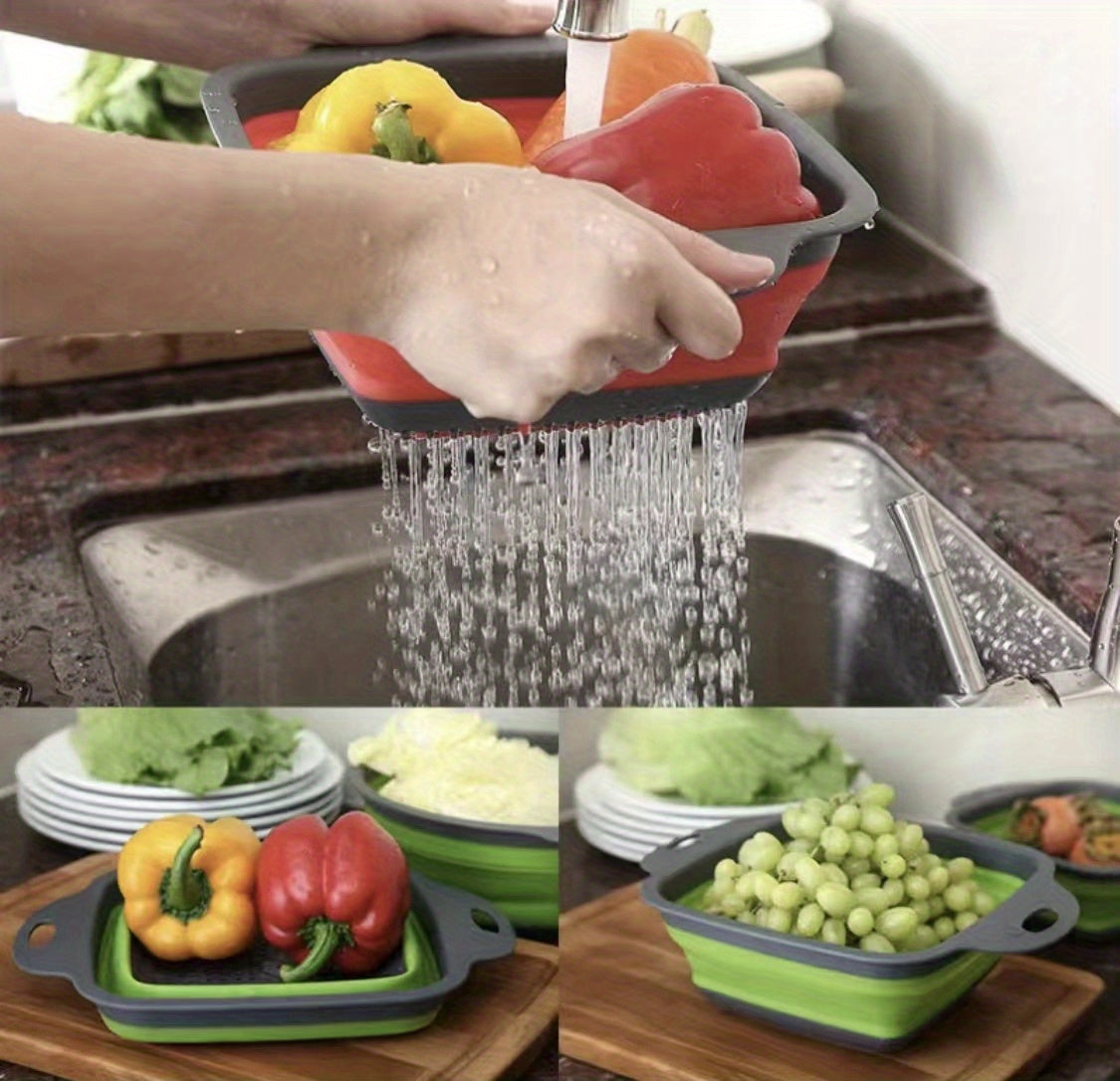 2pcs Folding Drain Basket, Portable Fruit Vegetable Cleaning Washing Basket, Square Expandable Filter Basket, Home Tool, Home Gadgets, Home Accessories (1 Large, 1 Small), Kitchen Washing Basket