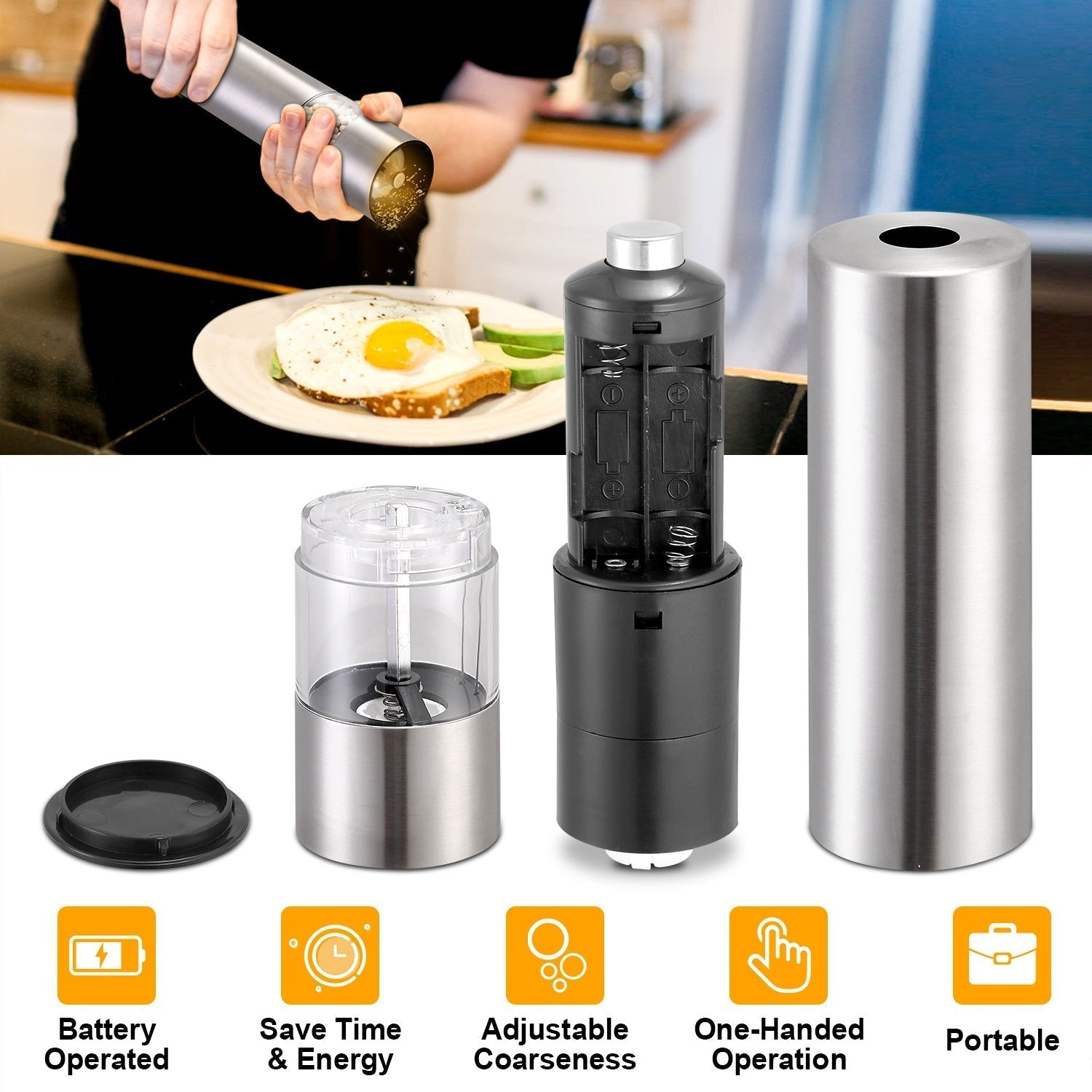 🧂 Electric Salt & Pepper Grinder – Adjustable Coarseness, Battery-Powered