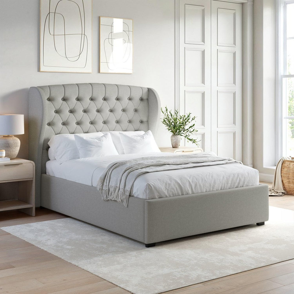 Safina Winged Ottoman Bed with Storage and Buttoned Headboard in Velvet or Fabric Mattress Option Available