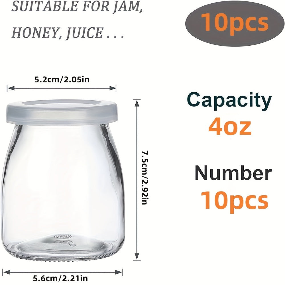 10-Piece 4Oz Clear Glass Jars With Pe Lids - Perfect For Yogurt, Pudding, Milk, Jam, Jelly, Mousse & Honey - Reusable, Round Containers For Home Kitchen Use