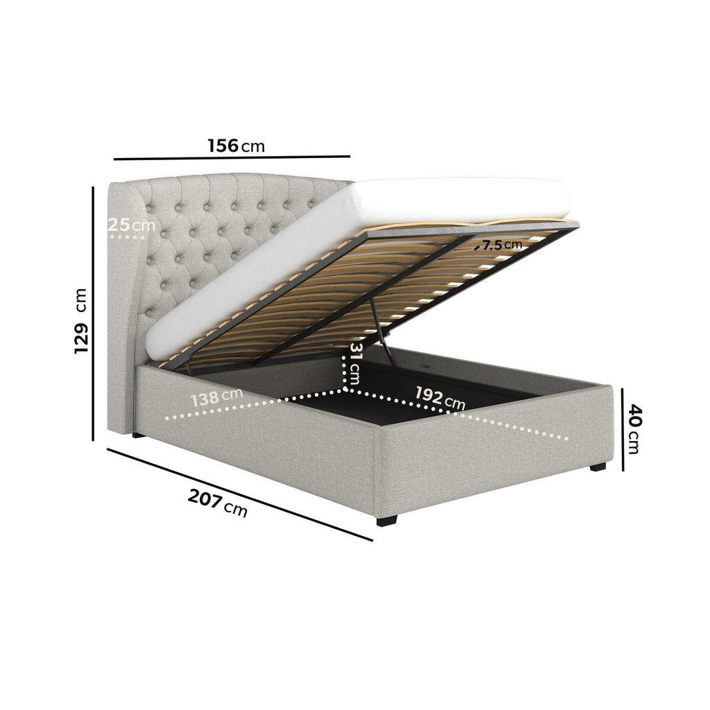 Safina Winged Ottoman Bed with Storage and Buttoned Headboard in Velvet or Fabric Mattress Option Available