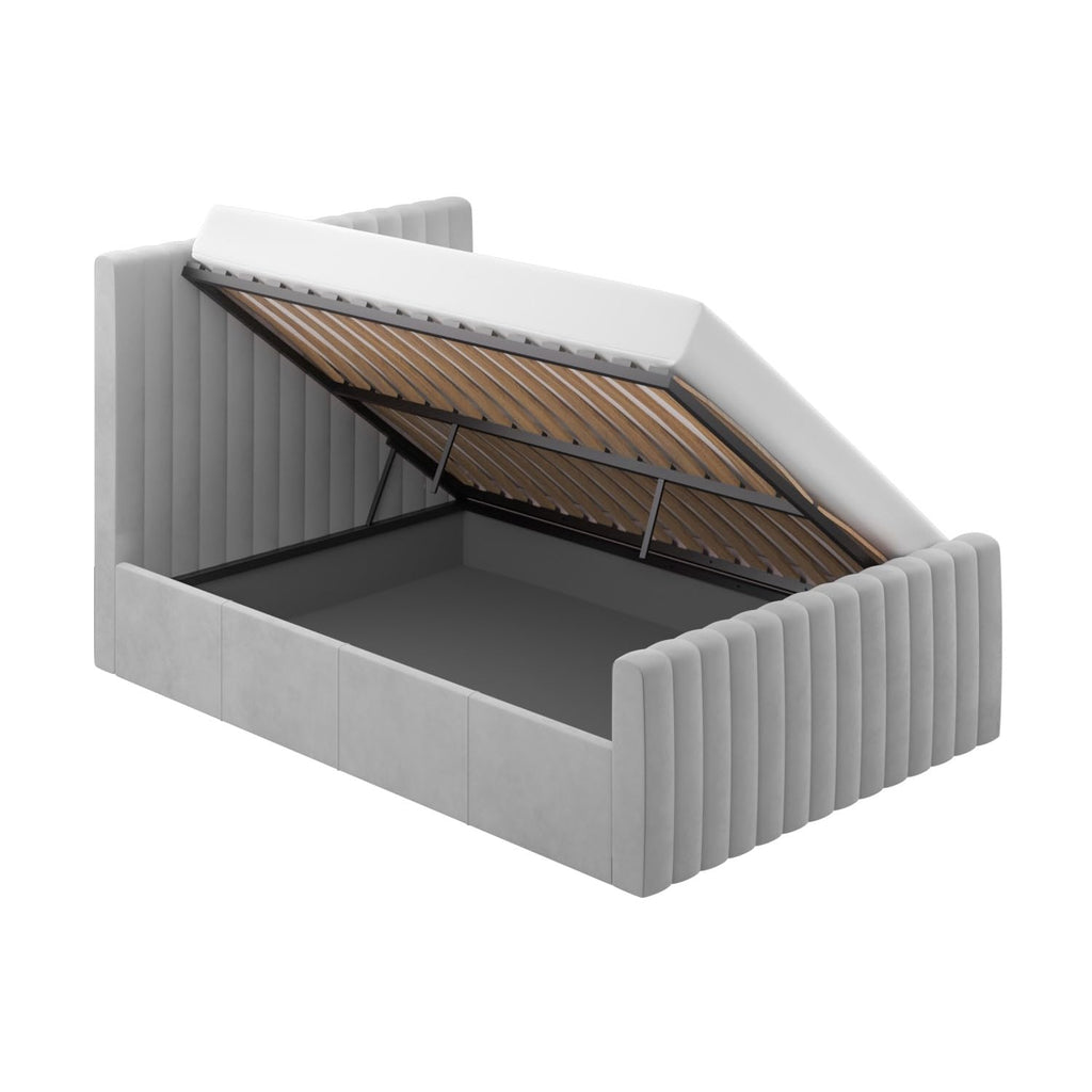 Velvet Ottoman Bed with Storage in Pink Grey or Beige Side Lift Gas Frame with Headboard Mattress Option Available for Double or Single Bedrooms