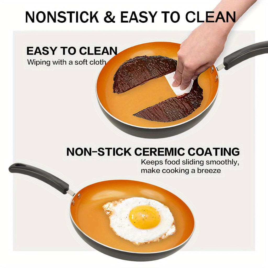 """3pcs Golden Ceramic Nonstick Frying Pan Set - 8"""", 9.5"""", and 11"""" Skillets for Induction Cooktops - PFOA and PFAS Free - Ideal for Omelettes and Eggs - Kitchen Cooking Supplies and Cookware"""