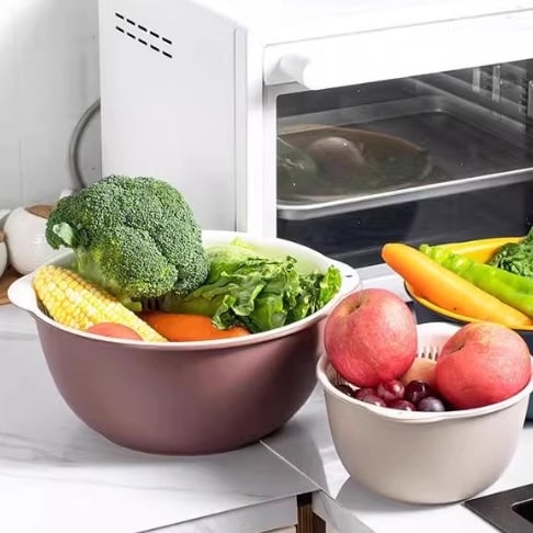 Double-layer Vegetable Washing Basin Draining Basket Six-piece Set Kitchen Living Room Household Washing Fruit Plate Simple Plastic Rice Washing Vegetable Basket