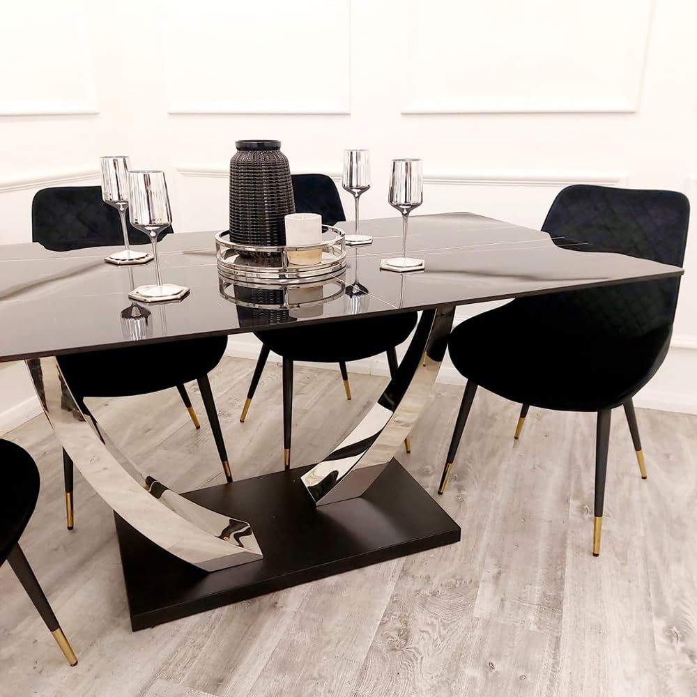 1.6m Dining Table and Chairs Set 4 – Black Sintered Stone Table with 4 Velvet Chairs – Chrome Dining Room Table Set