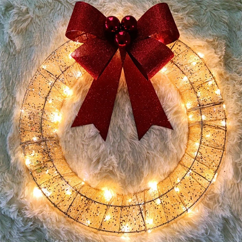 🎄 50cm LED Christmas Garland – Luminous Wreath with Big Bow for Door Décor