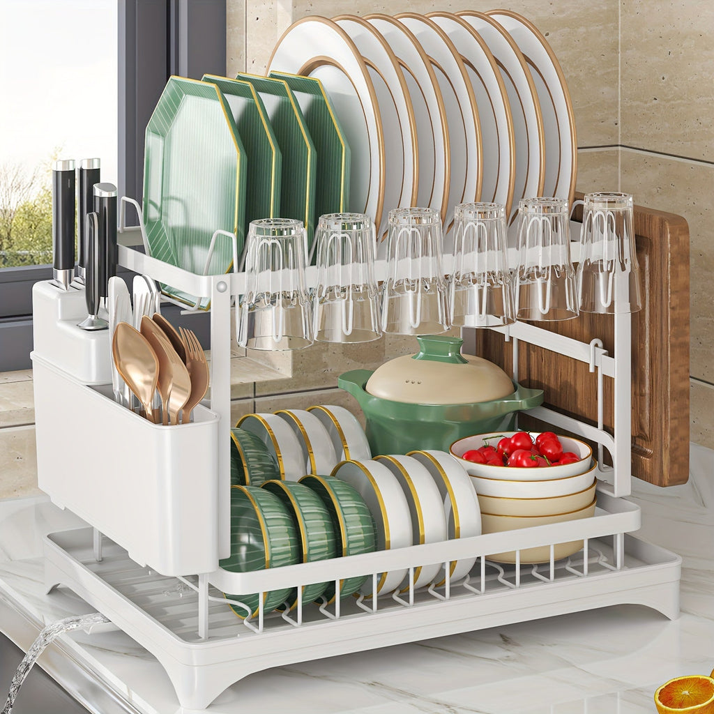 1pc Dish Rack, Double Layers Space-saving Dish Drying Rack With Drainboard And Utensil Holders, Multifunctional Large Capacity Dish Storage Organizer, For Kitchen Counter, Kitchen Organizers And Storage, Kitchen Accessories