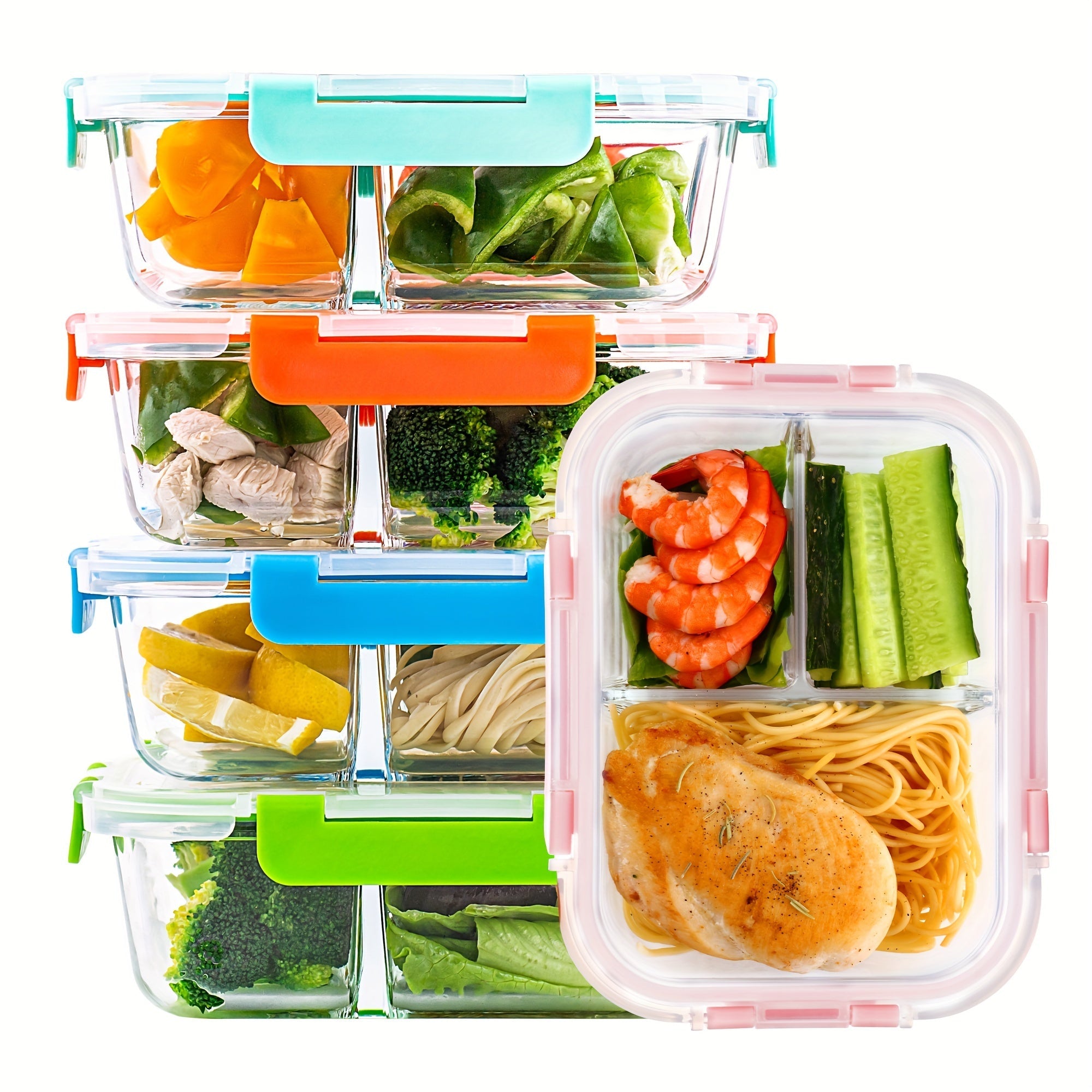 5-Piece Glass Food Storage Set with Airtight Leakproof Lids - BPA-Free, 3-Compartment, 34oz Capacity - Ideal for Meal Prep, Meat, Fruits & Vegetables - Kitchen Organization Essential