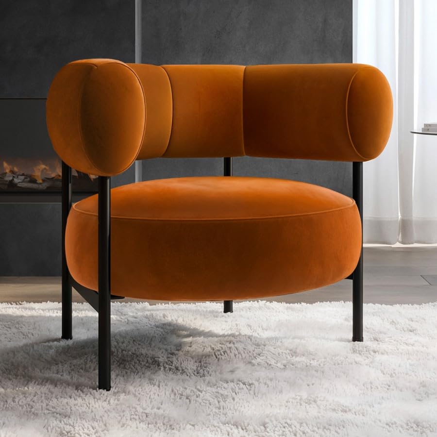 Romy Velvet Curved Armchair with Metal Legs – Recycled Velvet Lounge Accent Chair – Modern Upholstered Tub Chair – Living Room Seating