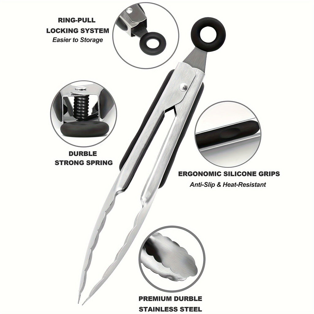 [Stainless Steel Locking Tongs] 3pcs Heavy Duty Stainless Steel Locking Tong Set with Long Handle & Non-Slip Silicone Grip - Heat-Resistant up to 480°F, Ergonomic Design for Cooking, Baking, Grilling - Durable Kitchen Utensi