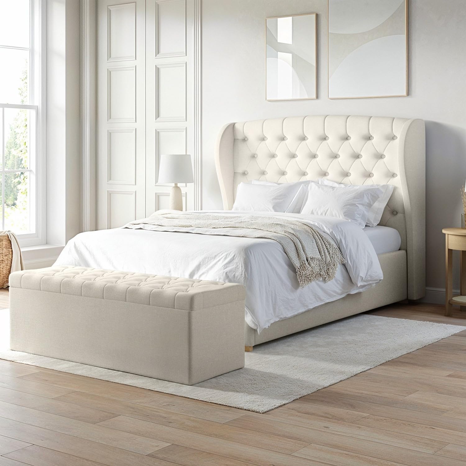 Safina Winged Ottoman Bed with Storage and Buttoned Headboard in Velvet or Fabric Mattress Option Available
