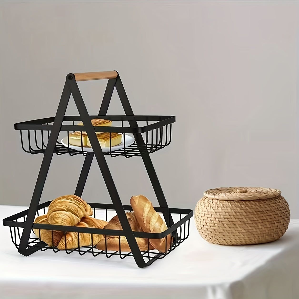 [2/3 Tier Metal Basket] 2/3 Tier High-Capacity Metal Fruit Basket | Portable Countertop Organizer for Fruits, Vegetables, Bread & Snacks | Detachable Rectangle Design for Kitchen Storage