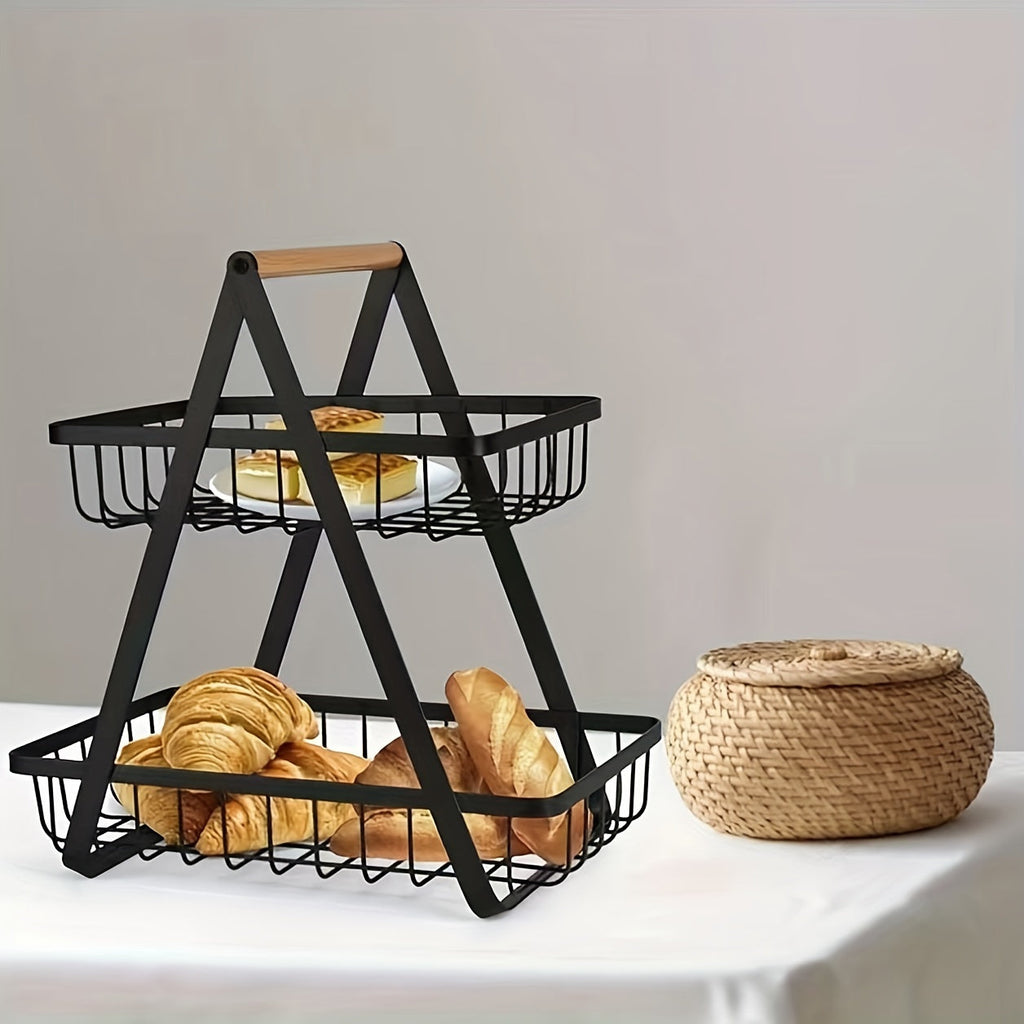 [2/3 Tier Metal Basket] 2/3 Tier High-Capacity Metal Fruit Basket | Portable Countertop Organizer for Fruits, Vegetables, Bread & Snacks | Detachable Rectangle Design for Kitchen Storage