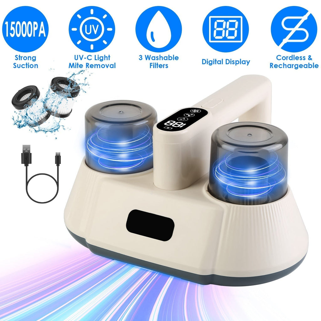 15000 Pa Bed Vacuum Cleaner – Double-Cup & UV-C Sanitizer