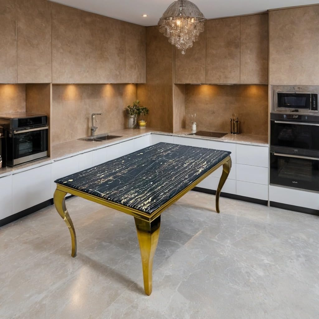 1.8m Marble Top Dining Table with 4 or 6 Bentley Beige & Gold Chairs – Luxury Black & Gold Dining Set – Modern Lion Knocker Chairs