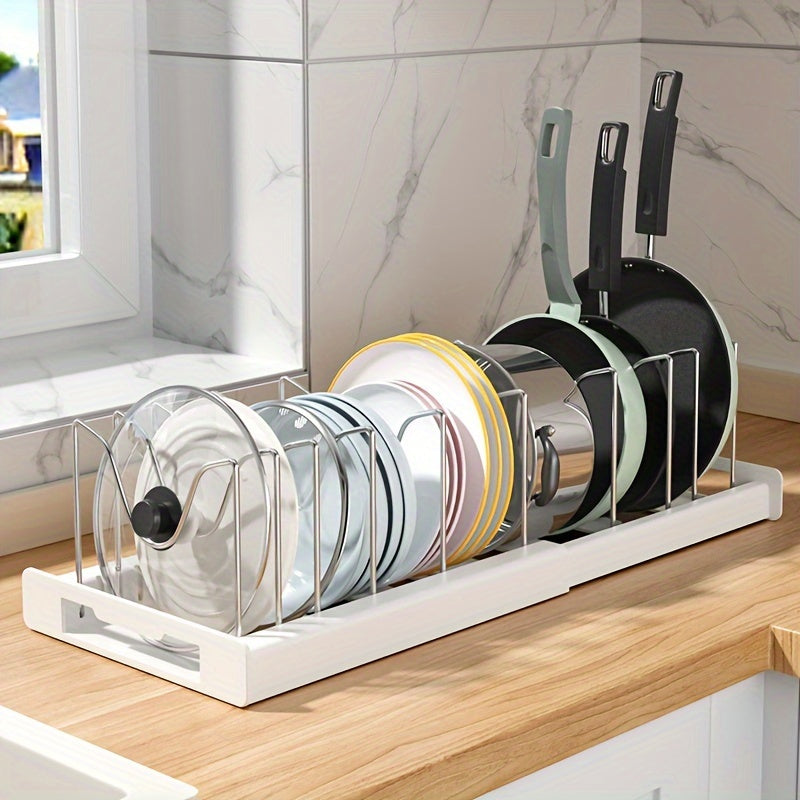 [1pc Adjustable Pot Organizer Rack] 1pc Expandable Stainless Steel Pot Organizer Rack with Adjustable Dividers, Uncharged Multi-Purpose Kitchen Cabinet Cookware Storage Solution for Pots and Pans Organization