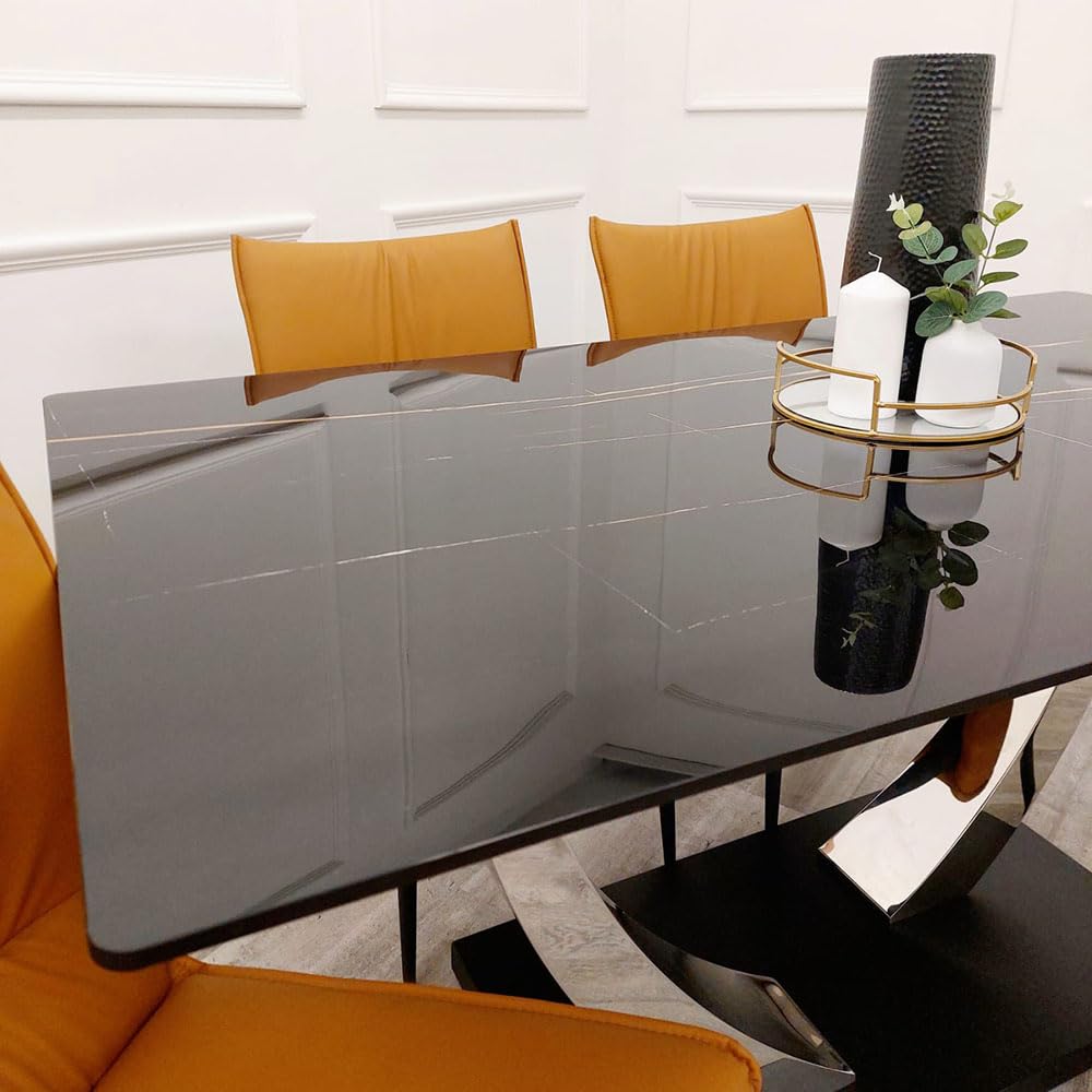 1.6m Dining Table and Chairs Set for 4 – Chrome Sintered Stone Table with 4 Flora Ruched Dining Chairs in Grey or Tan