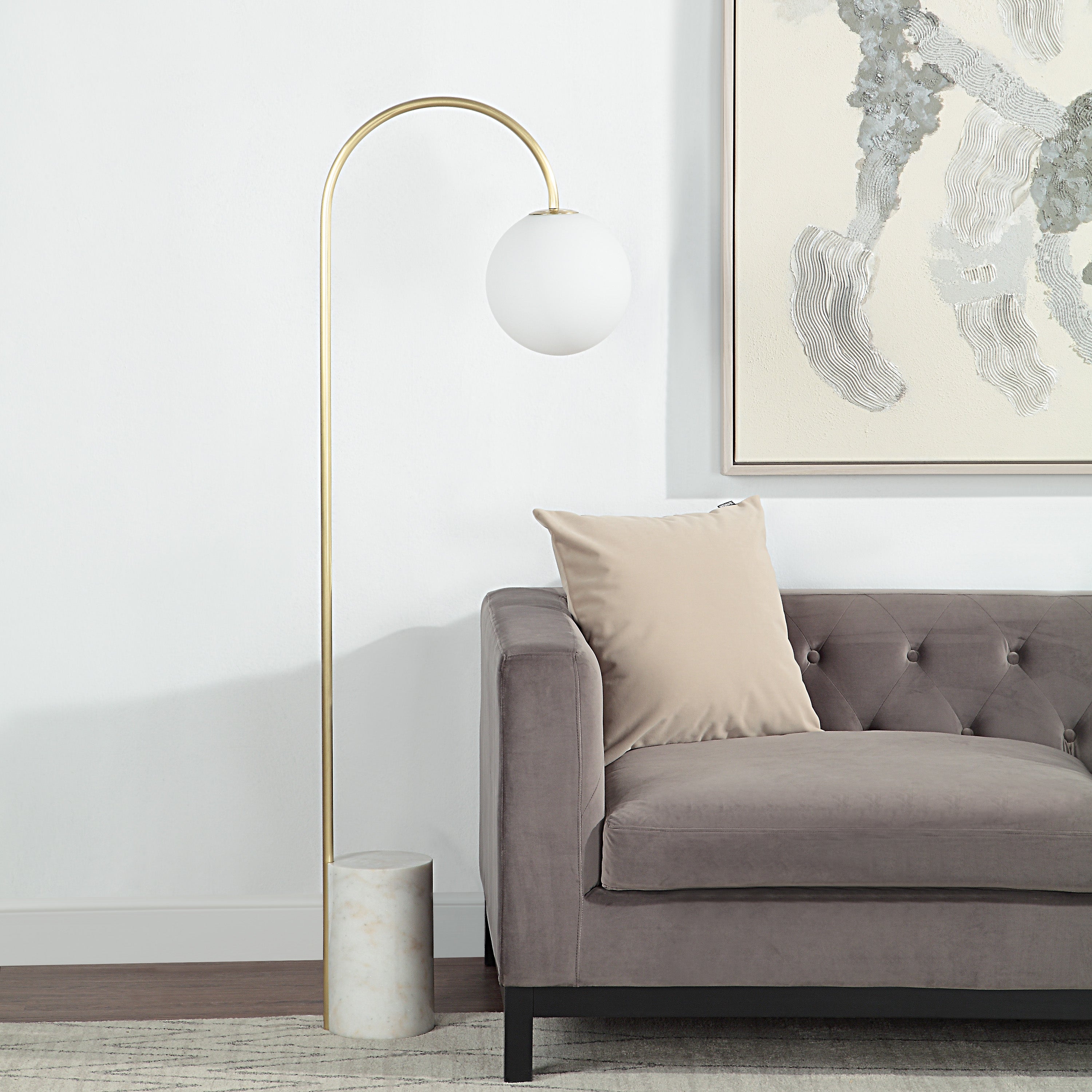 Renwil Merlot 62" Tall Satin Brass Floor Lamp with Globe Glass Shade
