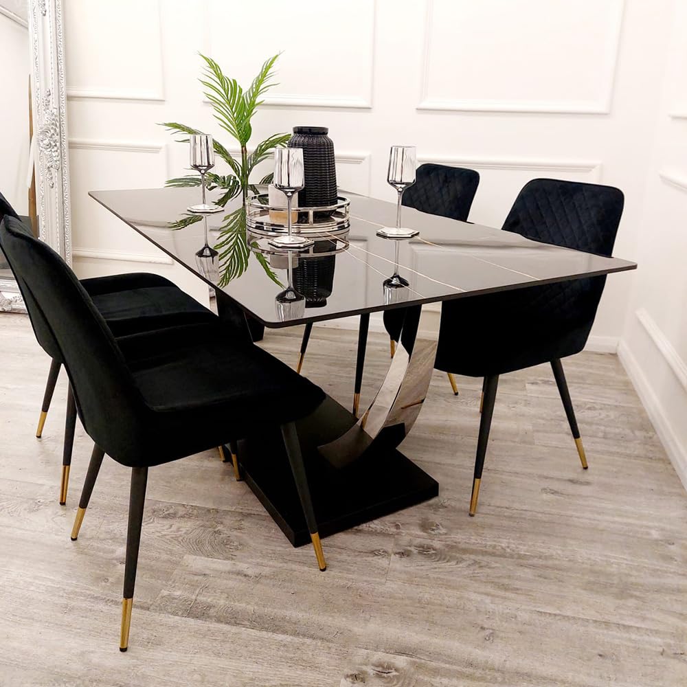 1.6m Dining Table and Chairs Set 4 – Black Sintered Stone Table with 4 Velvet Chairs – Chrome Dining Room Table Set