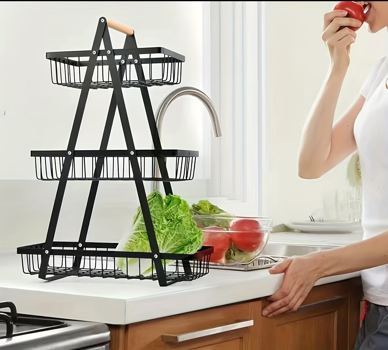 [2/3 Tier Metal Basket] 2/3 Tier High-Capacity Metal Fruit Basket | Portable Countertop Organizer for Fruits, Vegetables, Bread & Snacks | Detachable Rectangle Design for Kitchen Storage