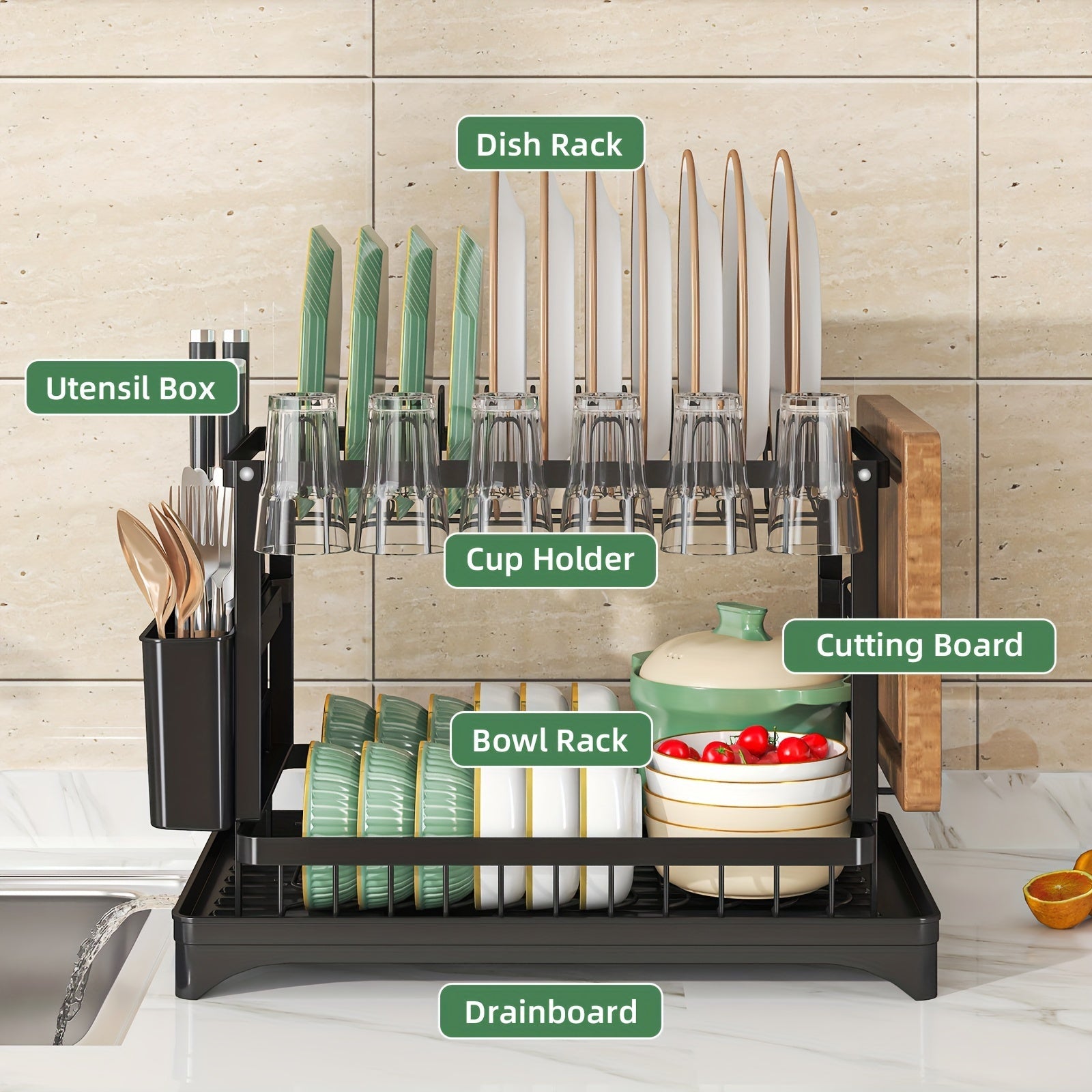 1pc Dish Rack, Double Layers Space-saving Dish Drying Rack With Drainboard And Utensil Holders, Multifunctional Large Capacity Dish Storage Organizer, For Kitchen Counter, Kitchen Organizers And Storage, Kitchen Accessories