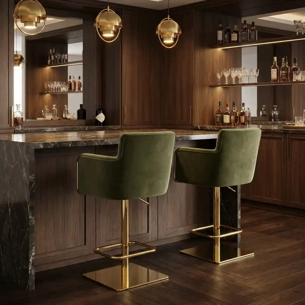 Olive Green Velvet Swivel Bar Stool – Adjustable Breakfast Bar Chair with Gold Base