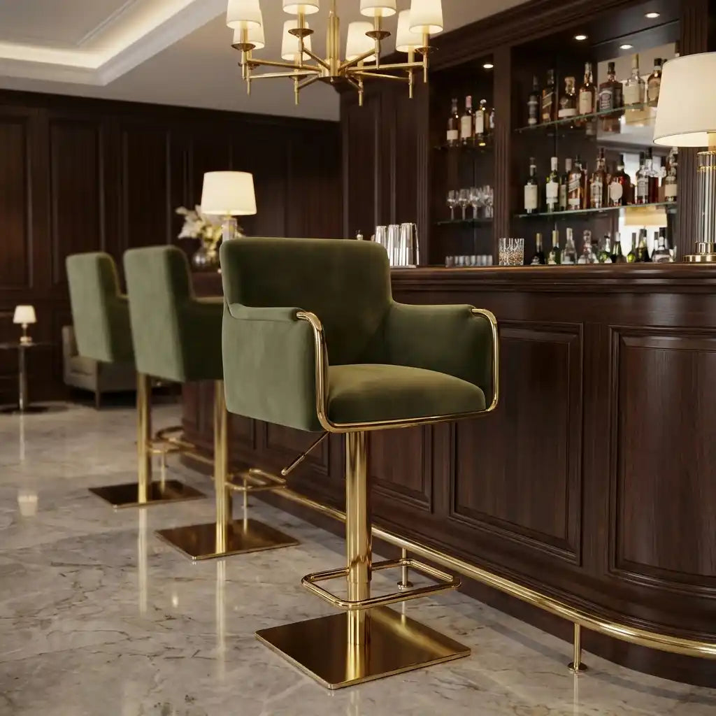 Olive Green Velvet Swivel Bar Stool – Adjustable Breakfast Bar Chair with Gold Base