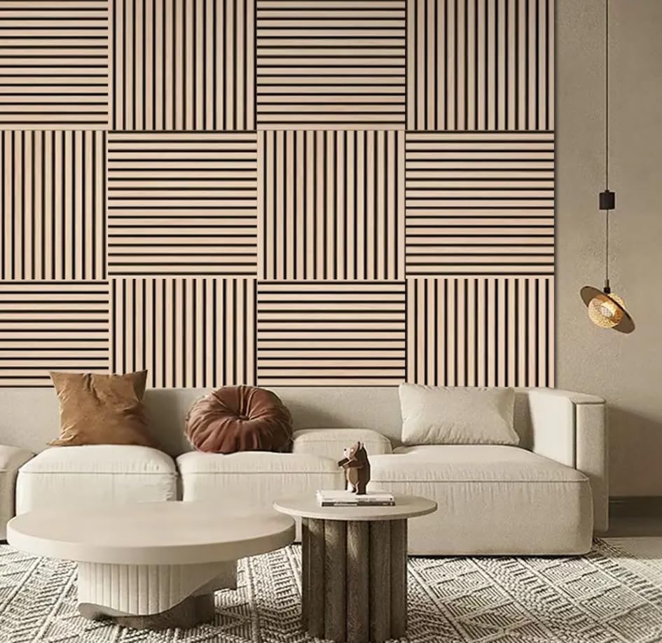 Square Wood Slat Acoustic Wall Panels – Sound Absorbing PET MDF Panels for Home Office Bedroom – Easy Installation