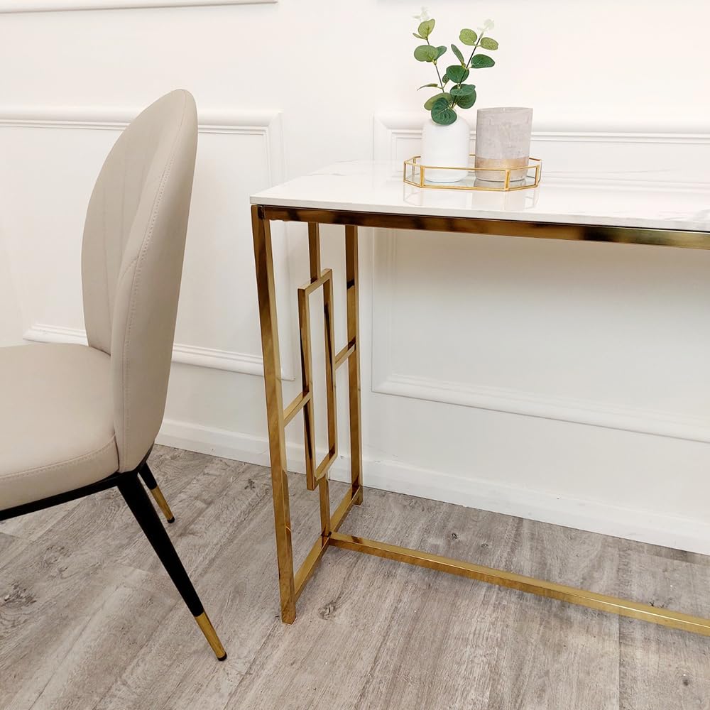 Geo Gold Console Table & Pair of Side Tables – Slim Hallway Console & Small Side Lamp Tables with White Sintered Stone Tops