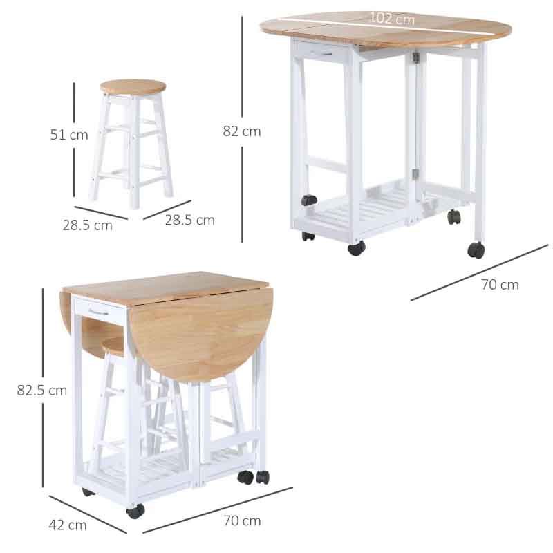 3 Piece Wooden Folding Dining Table Set with 2 Stools – 1020mm White & Pine | Space-Saving Compact Dining Furniture UK