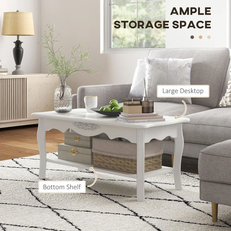 Two-Tier White Coffee Table  Modern Living Room Table with Storage Shelves