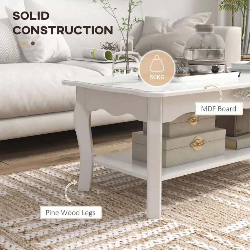 Two-Tier White Coffee Table  Modern Living Room Table with Storage Shelves