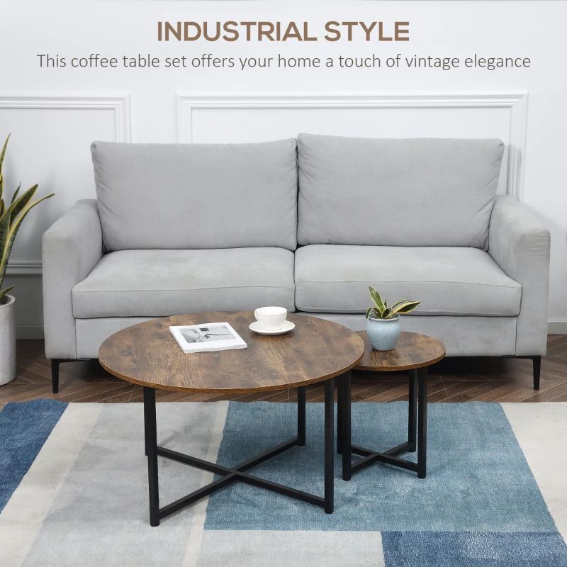 Industrial Round Nesting Coffee Table Set of 2 Rustic Brown  Modern Living Room Furniture UK